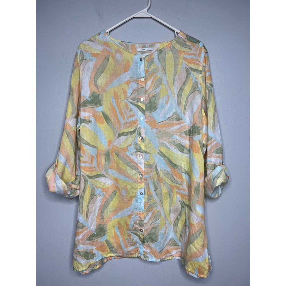 Rachel Zoe 100% Linen Tunic Shirt Button Up Pastel Floral Roll Tab Plus Size 1X - Picture 3 of 8